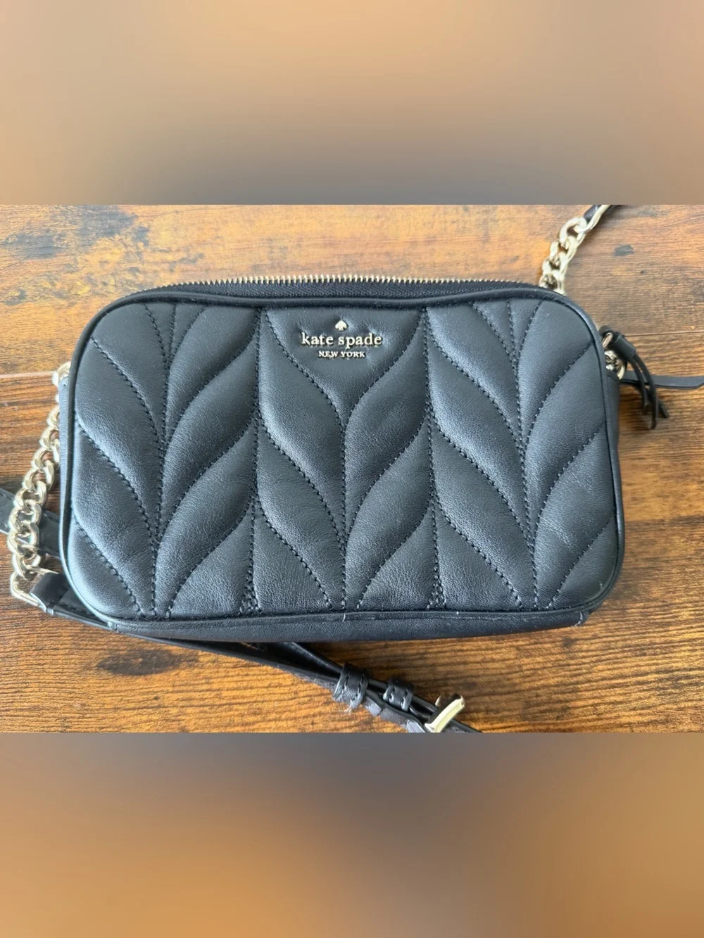 kate spade Black Quilted Leather Camera Crossbody with Gold Chain